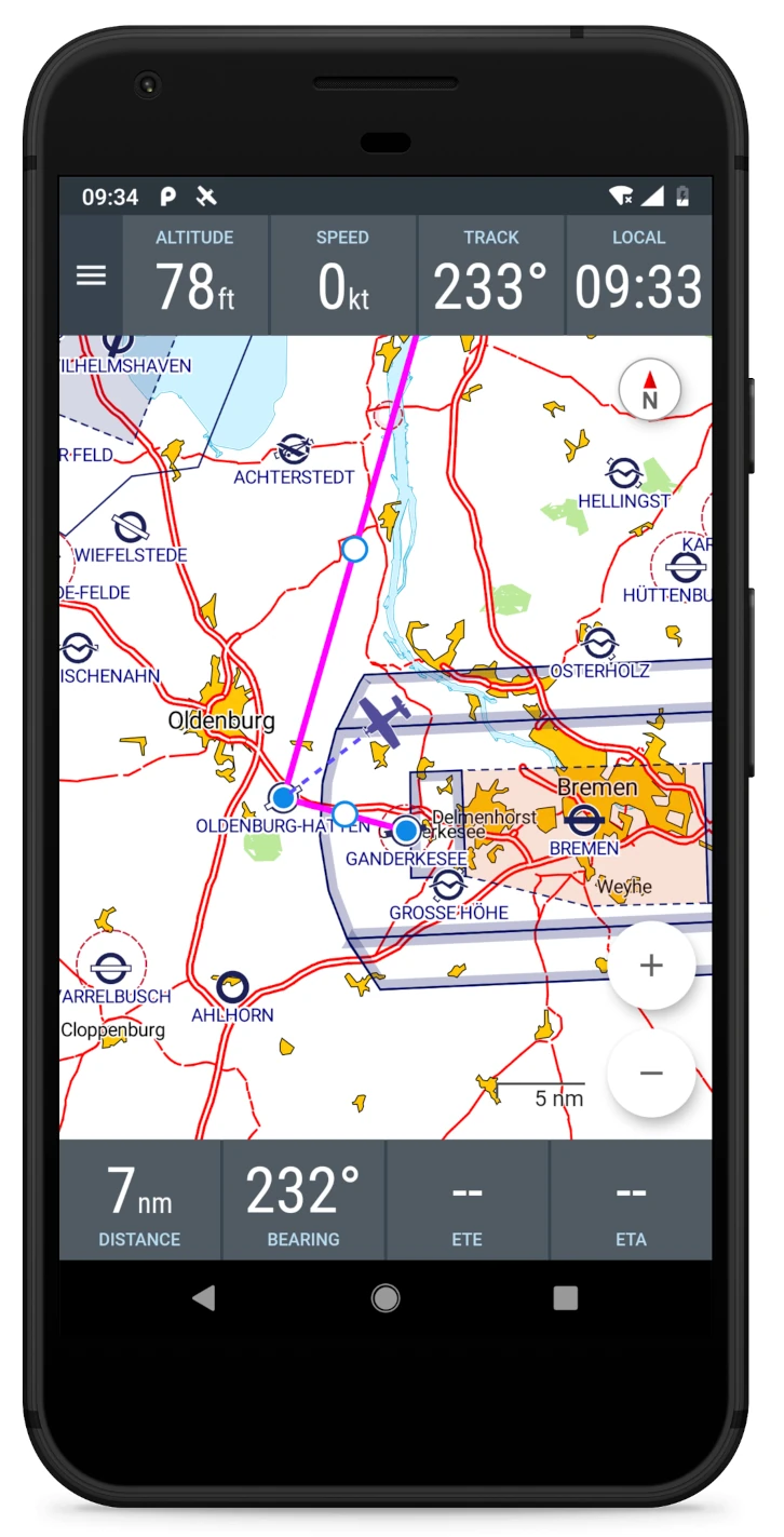 Screenshot von VFRnav während der Flugplanung